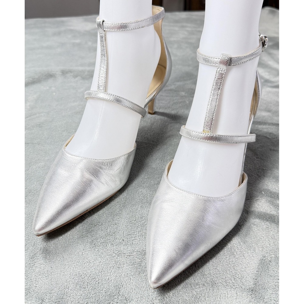 Nine West Shoes Womens Size 10 Silver Leather D'Orsay Ankle Strap Pumps NWSASHA